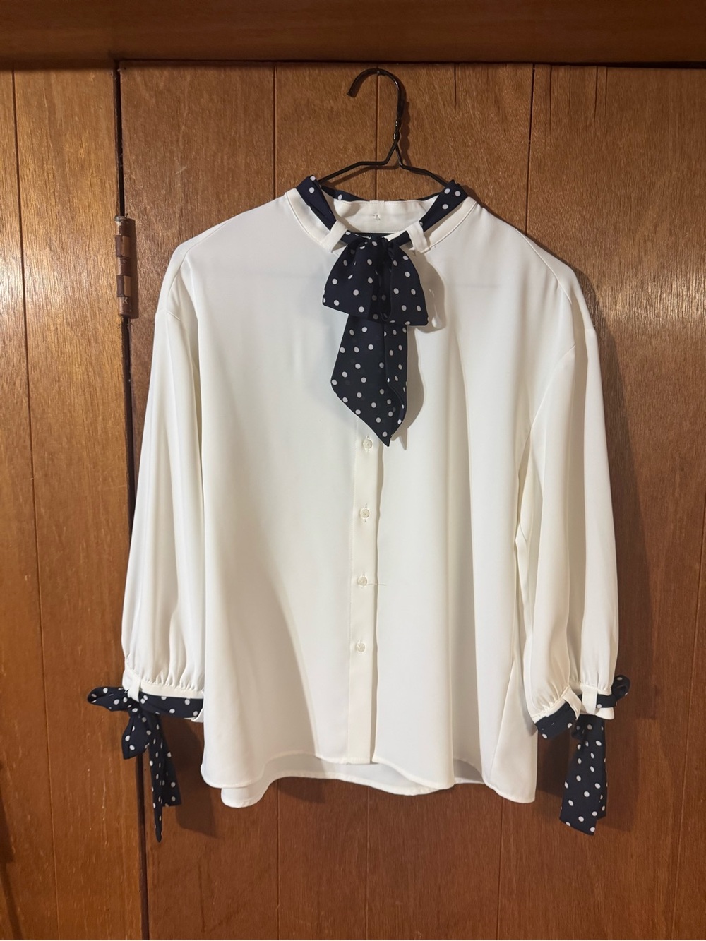 ZARA Elegant Cream Blouse with Navy Polka Dot Tie